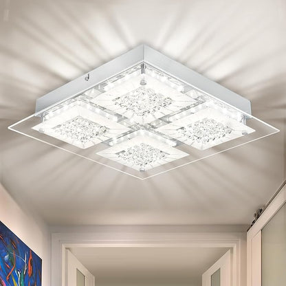 Hallway Light Fixture Crystal Flush Mount Ceiling Lights LED Square Bathroom Ceiling Light Dimmable 14 Inch 4000K Kitchen Ceiling Lighting Foyer Chrome Living Room Light