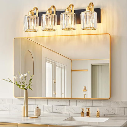 Crystal Vanity Lights for Bathroom, 4 Light Bathroom Vanity Light, Modern Matte Black and Gold Wall Lighting Fixtures with Crystal Round Shade (Exclude Bulb)