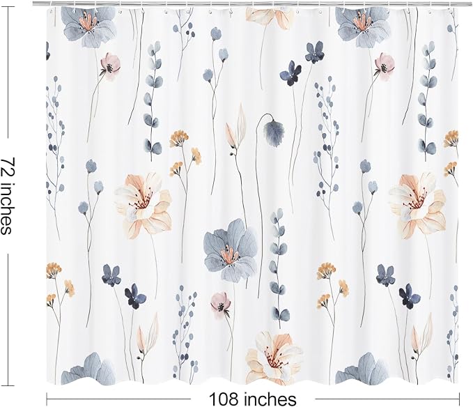 Blue Beige Watercolor Floral Fabric Shower Curtain, 108x72 | Waterproof Fabric, Modern Minimalist Floral Print, Machine Washable, Rustproof Grommets, for Bathroom Home, Extra Wide