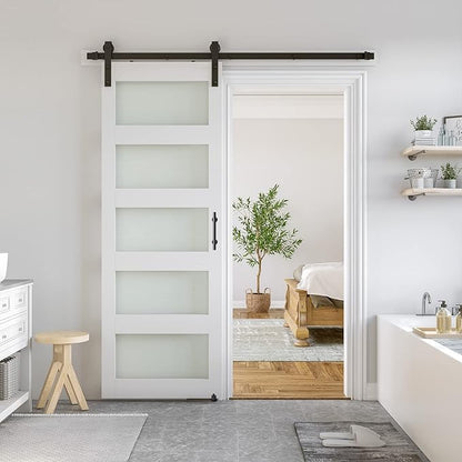 SMARTSTANDARD 32 x 80 in Glass Barn Door with 6FT Sliding Hardware Kit | Pre-Drilled Ready to Assemble, Waterproof PVC Coating, White, 5-Panel Glass