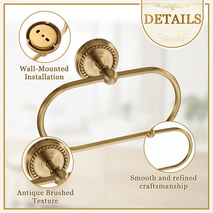 4 Pcs Antique Brass Gold Bathroom Accessories Set Wall-Mounted Towel Rack & Towel Ring & Toilet Paper Holder & Robe Hook, Wall Mounted Brass Vintage Bath Hardware Fixture Set(Double)