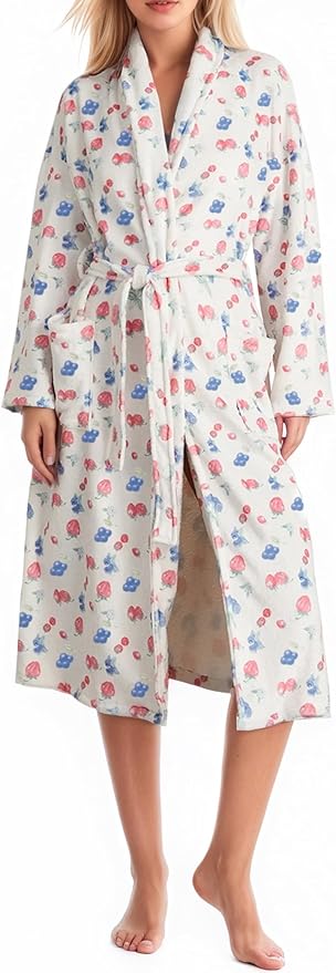 Women Fleece Fruit Print Robe Cute Robes for Women Spring Summer Lightweight Bathrobe Soft Flannel Gown with Belt