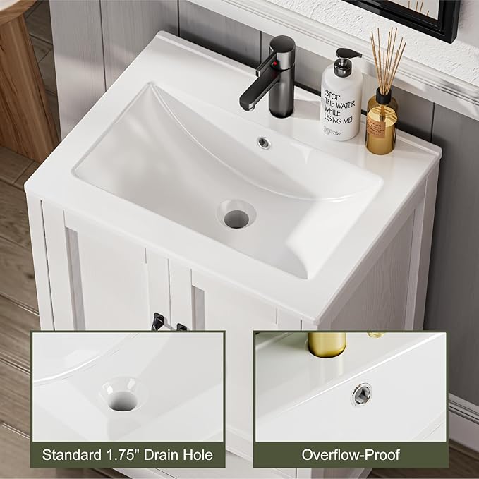 24 Inch Bathroom Vanity with Sink, Modern Bathroom Cabinet with LED Light, Bathroom Vanity Set, Double Soft Closing Cabinet Door with Organizer, White