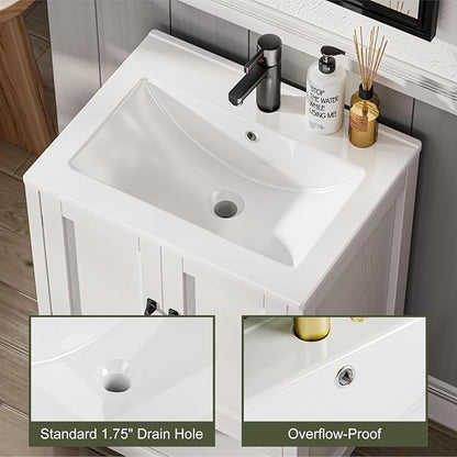 24 Inch Bathroom Vanity with Sink, Modern Bathroom Cabinet with LED Light, Bathroom Vanity Set, Double Soft Closing Cabinet Door with Organizer, White
