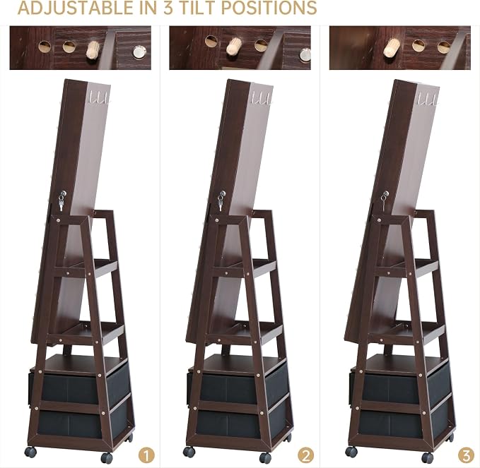 Jewelry Armoire Cabinet Organizer Standing with 20 LED Lights Lockable | Full Length Mirror with Storage Shelves and 2 Drawers (Brown) Adjustable Tilt Angles Gift for Her
