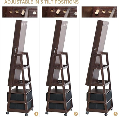 Jewelry Armoire Cabinet Organizer Standing with 20 LED Lights Lockable | Full Length Mirror with Storage Shelves and 2 Drawers (Brown) Adjustable Tilt Angles Gift for Her