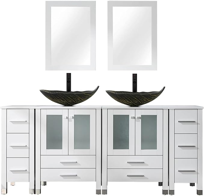LUCKWIND 72" Bathroom Vanity Sink Combo, Double 24" Main Cabniets with Two 12.6" Side Cabinets, Painted Bathroom Storage Cabinet, Including Leaf Shaped Sinks, Faucets Without Mirror, White