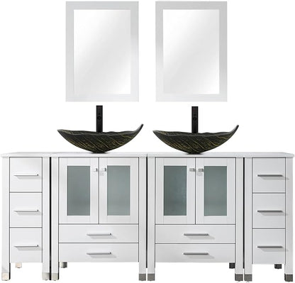 LUCKWIND 72" Bathroom Vanity Sink Combo, Double 24" Main Cabniets with Two 12.6" Side Cabinets, Painted Bathroom Storage Cabinet, Including Leaf Shaped Sinks, Faucets Without Mirror, White