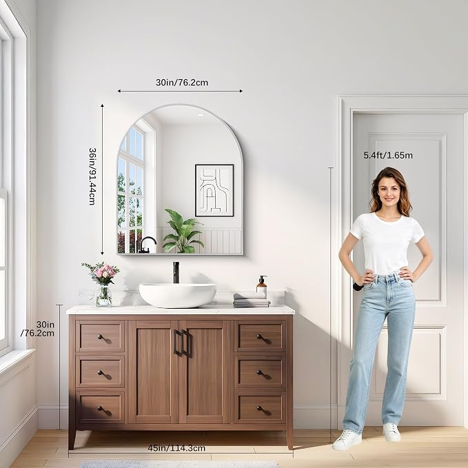 Arched Bathroom Mirror 30x36 Inch, Bathroom Mirror for Over Sink, Wall Mounted Vanity Mirror with Aluminum Frame & Tempered Glass, Ideal for Bedroom, Entryway, Living Room, Mantel, Silver