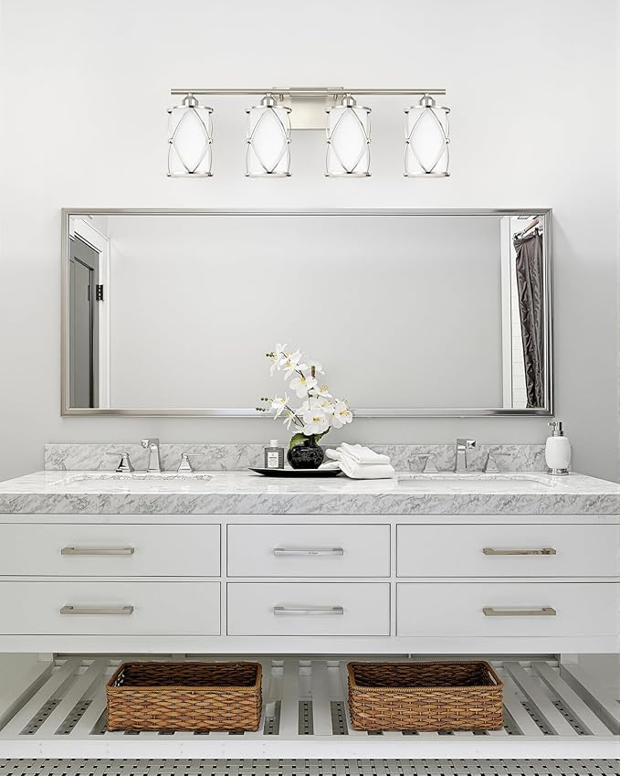 4-Light Brushed Nickel Bathroom Light Fixtures with Milk Frosted Glass, 29" Modern Bathroom Vanity Lighting Fixtures Over Mirror with Metal Cage, Wall Sconce Lights for Bath, E26, CH9176BNW-4W