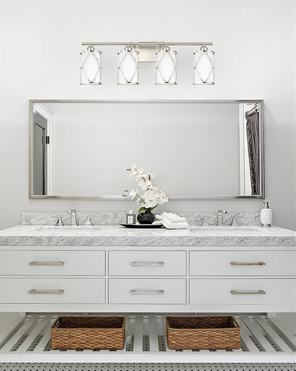 4-Light Brushed Nickel Bathroom Light Fixtures with Milk Frosted Glass, 29" Modern Bathroom Vanity Lighting Fixtures Over Mirror with Metal Cage, Wall Sconce Lights for Bath, E26, CH9176BNW-4W