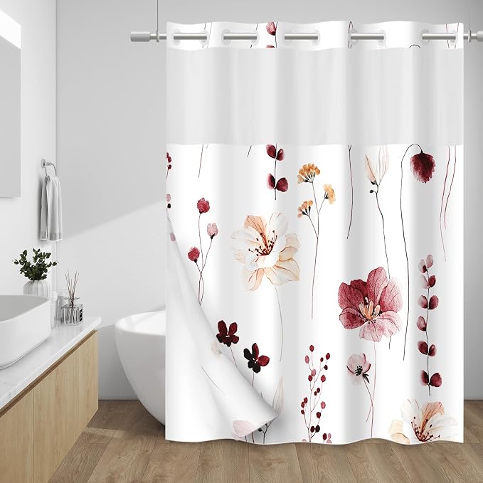 No Hook Floral Shower Curtain with Liner, Burgundy Flower, 71x74 | Snap in Liner, 3 in 1, Water Repellent, Easy Install, Machine Washable, Hotel Style for Bathroom, Watercolor Pattern