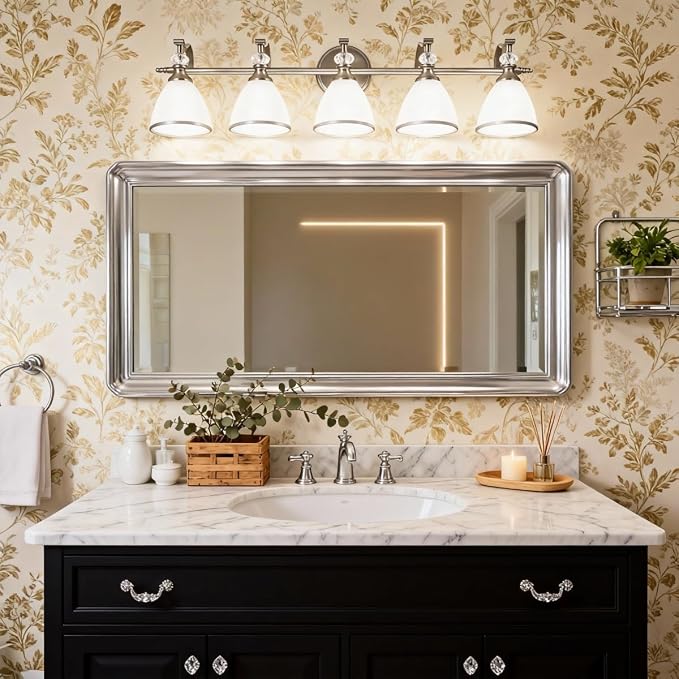 Bathroom Lighting Fixtures, 5-Light Brushed Nickel Vanity Light with Milky Glass Shade, 35" Large Vanity Lights for Bathroom, E26 Socket, for Mirror, Living Room, Bedroom, Hallway
