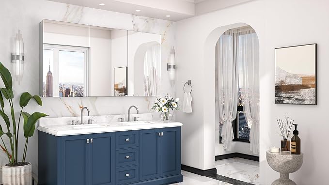 Keonjinn 60 x 32 Inch Large Medicine Cabinet Mirror, Safe Tempered Glass | Assembly Required, Lightweight Aluminum, Adjustable Shelves, Surface Mount or Recessed, Soft Close DTC Hinges, Silver