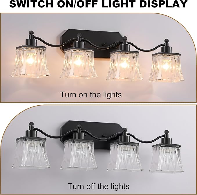 4-Light Matte Black Vanity Light, Vintage Crystal Glass Shades | Rust & Humidity Resistant Iron Frame,Mounted Over Mirror, Compatible with E26 Bulbs for Bathroom, Bedroom & Hallway