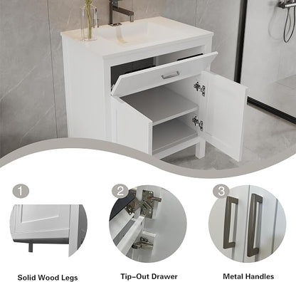 White 24" Width Freestanding Bath Vanity Tip-Out Drawer Sink Base Cabinet Without Top (White Newport, 24" Wx21 Dx34.5 H)