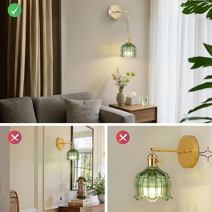 Battery Operated Wall Sconces CCT Dimmable Wireless Sconces Set of 2, Vintage Light Fixture with Green Flower Glass Lampshade Wall Decor Set of 2 for Living Room Bedroom Bedside Bathroom