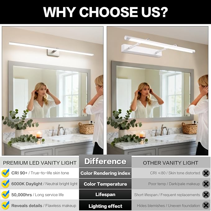 48 Inch Vanity Lights for Bathroom Over Mirror Brushed Nickel Over Cabinet Arm Extra Wide LED Bar 5CCT 2900K 6000K 32W 2560lm ETL