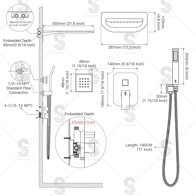 4-Function Waterfall Shower System with Body Jets, SR SUN RISE Full Body Rainfall Shower System with Handheld Shower Faucet Complete Sets, Wall Mounted Shower Fixture Set for Bathroom, Brushed Nickel