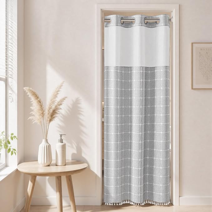 River Dream Farmhouse No Hooks Shower Curtain with Snap-in Liner,Grey,36x74 | Snap on Fabric Liner,Heavy Duty,Quick Dry,Mesh Top Window,With Bottom Magnets,Washable,with Tassels,Stall Size