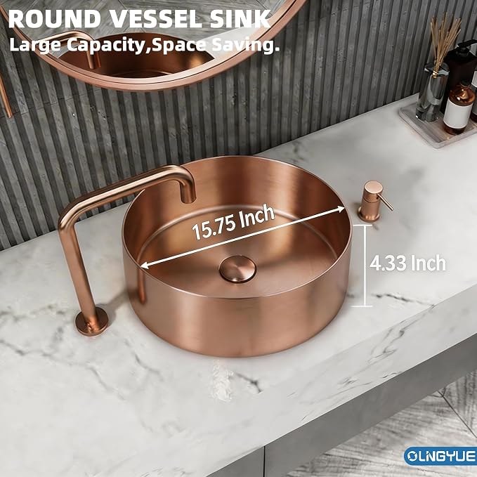 Round Metal Bathroom Vessel Sink: 16" Modern Lavatory Basin - Rose Gold | Above Counter Vanity Washbasin with Stainless Steel PVD Nano Coating Pop Up Drain for Home Hotel Office Toilet Renovation