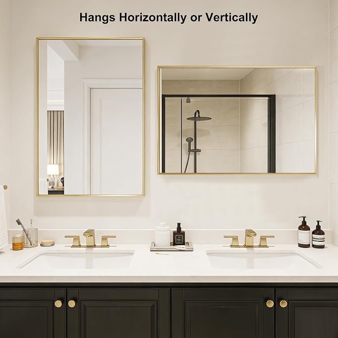 Bathroom Mirror 36" x 24" Brushed Gold Beveled Framed Mirror for Over Sink | Rectanglar Modern Farmhouse Wall Mirror, Tempered Glass, Anti-Rust, Hangs Horizontally or Vertically