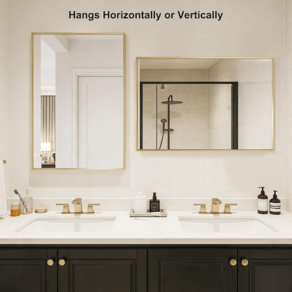 Bathroom Mirror 36" x 24" Brushed Gold Beveled Framed Mirror for Over Sink | Rectanglar Modern Farmhouse Wall Mirror, Tempered Glass, Anti-Rust, Hangs Horizontally or Vertically