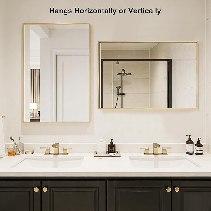 Bathroom Wall Mirror, 16" x 24" Brushed Gold Vanity Mirror for Over Sink | Rectanglar Metal Framed Mirror for Over Sink, Tempered Glass, Anti-Rust, Hangs Horizontally or Vertically