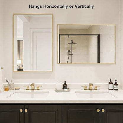 Bathroom Wall Mirror, 16" x 24" Brushed Gold Vanity Mirror for Over Sink | Rectanglar Metal Framed Mirror for Over Sink, Tempered Glass, Anti-Rust, Hangs Horizontally or Vertically