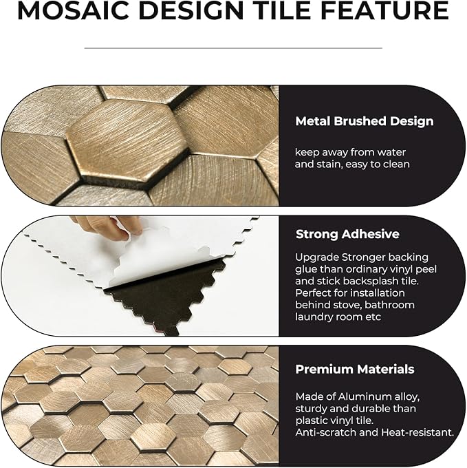 STICKGOO Peel and Stick Backsplash Tiles, Stick on Mosaic Self Adhesive Tiles, 3D Hexagon Backsplash for Kitchen Bathroom Fireplace Vanity (8PCS, Copper)