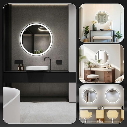 DUMOS 30 Inch Round LED Bathroom Mirror with Lights, Circle Vanity Mirror with Anti-Fog, Dimmable, 3-Color Light, Memory Function, Tempered Glass
