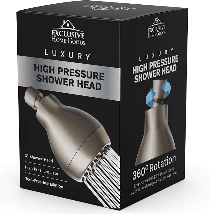 High Pressure Shower Head - Brushed Nickel - Powerful Deluxe Bathroom Showerhead with Strong Spray Stream and Small Silicone Nozzles - Universal Fit Works with High and Low Water Flow Showers-2.5 GPM
