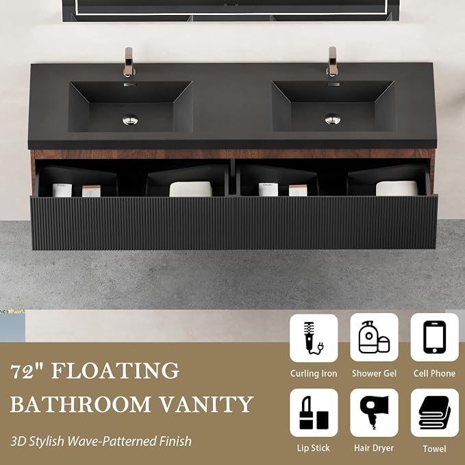 Floating Bathroom Vanity, 72" Wall Mounted Bathroom Cabinet with 2 Matte Black Quartz Sand Sinks & U-Shaped Soft-Close Drawers, Pre-Assembled Striped Storage Vanity for Bathroom, Walnut&Black