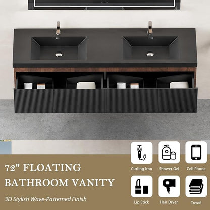 Floating Bathroom Vanity, 72" Wall Mounted Bathroom Cabinet with 2 Matte Black Quartz Sand Sinks & U-Shaped Soft-Close Drawers, Pre-Assembled Striped Storage Vanity for Bathroom, Walnut&Black