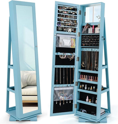 CHARMAID 360° Swivel Jewelry Armoire with Full Length Mirror, Standing Lockable Jewelry Cabinet Organizer, Large Storage Capacity, Inside Makeup Mirror, Back Storage Shelves (Sky Blue)