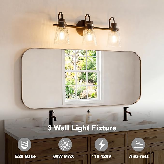 3-Light Bathroom Vanity Light, Farmhouse Bathroom Light Fixture with Clear Striped Glass Shade, 18.8 Inch Oil Rubbed Bronze Wall Sconce Lighting Over Mirror for Bedroom Hallway Cabinet