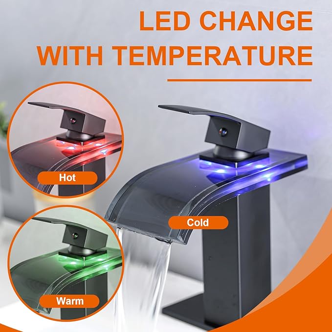 LED Bathroom Sink Faucet, Matte Black Waterfall Single Handle Vanity Faucets for Sinks 1 Hole Wide Glass Spout with Pop Up Drain with Overflow