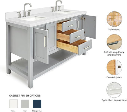 ARIEL Magnolia 60-inch Bathroom Vanity with Sink,Solid Wood, 1.5-inch Pure White Quartz Countertop & Backsplash, Double Rectangular Porcelain Sink, 4 Soft Closing Doors, 3 Dovetail Drawers, Grey