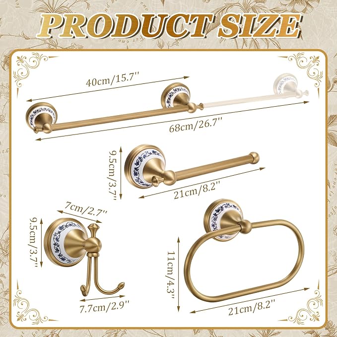 4 Pcs Antique Brass Gold & Porcelain Bathroom Accessories Set, Wall-Mounted Towel Rack & Towel Ring & Toilet Paper Holder & Robe Hook, Vintage Chinese Style Brass Bath Hardware Fixture Set