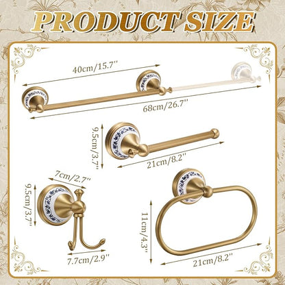 4 Pcs Antique Brass Gold & Porcelain Bathroom Accessories Set, Wall-Mounted Towel Rack & Towel Ring & Toilet Paper Holder & Robe Hook, Vintage Chinese Style Brass Bath Hardware Fixture Set