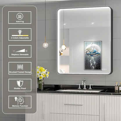 LED Mirror for Bathroom 30X36 Inch Black Framed with Anti-Fog, Stepless Dimmable, Front Lit, LED Bathroom Vanity Mirror for Wall, Memory Function, Shatter-Proof