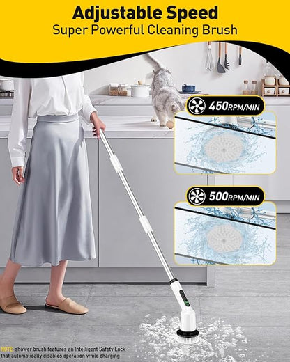 Electric Spin Scrubber for Bathroom, Shower Scrubber with Long Handle | Shower Cleaner Brushes, IPX7 Waterproof & 2 Speed, 3 Brush Heads, 90min Runtime, Bathroom Cleaning Supplies for Toilet Tub