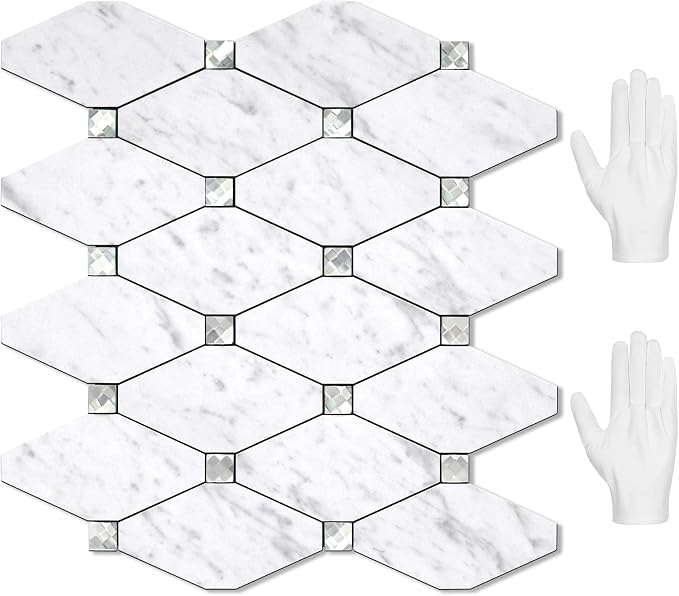 STICKGOO 10 Sheets Peel and Stick Backsplash, Carrara White | Stick on Mosaic Tiles for Kitchen Wall Decor, Long-Lasting, PVC Mixed Glass, Ideal for Vanities, Bathrooms