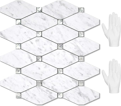 STICKGOO 10 Sheets Peel and Stick Backsplash, Carrara White | Stick on Mosaic Tiles for Kitchen Wall Decor, Long-Lasting, PVC Mixed Glass, Ideal for Vanities, Bathrooms