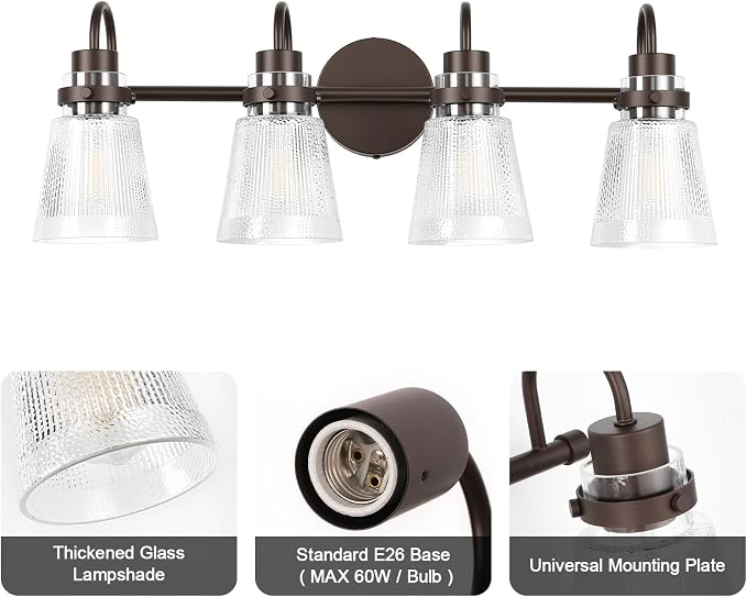 Vintage Farmhouse Vanity Wall Sconce Lighting, 4-Light Oil Rubbed Bronze Bathroom Vanity Light Over Mirror with Clear Striped Glass Shade, 25.7" Retro Wall Lamp for Bedroom Living Room