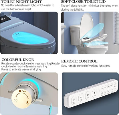 Electric Heated Bidet Toilet Seat with Remote, Elongated, X60L | Instant Warm Water, Heated Seat, Warm Air Drying, Slow Close Lid, LED Display, Nightlight