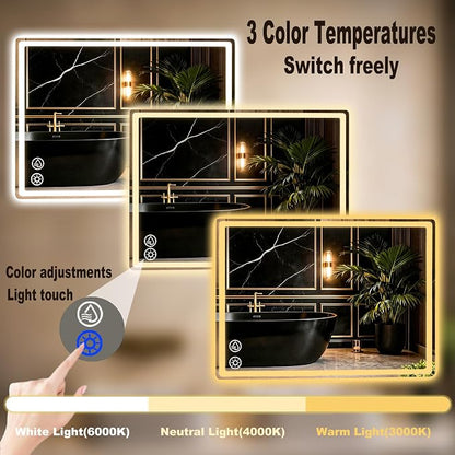 LTFUUAI 28"X36" LED Bathroom Mirror with Lights, Front & Back Light | Lighted Bathroom Mirror, Touch 3-Color Stepless Dimming, Wall Mounted, Anti-Fog Shatterproof, UL Listed(Horizontal/Vertical)