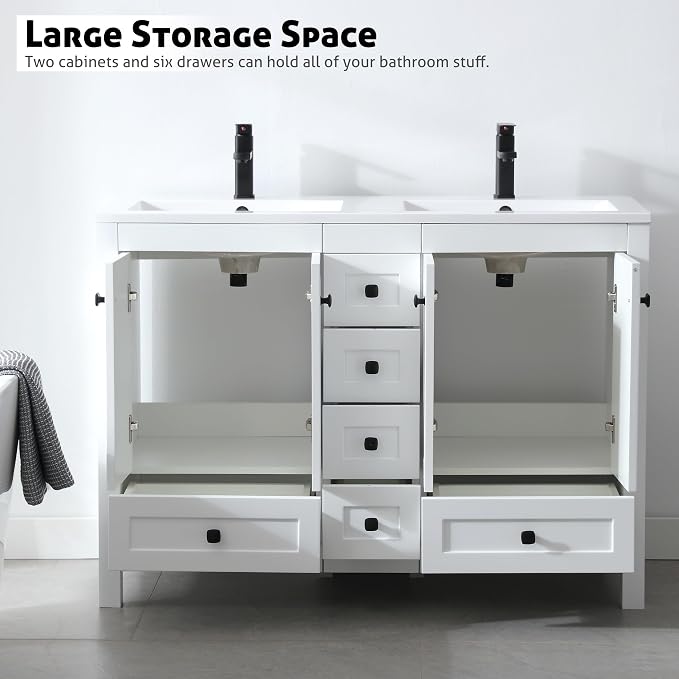 LUCKWIND 48" Bathroom Vanity and Sink Combos, Modern Bathroom Storage Painted Cabinet with Undercounter Resin Dual Sink Top, Matte Black Faucet and 6 Drawers, Mirror Not Included, White