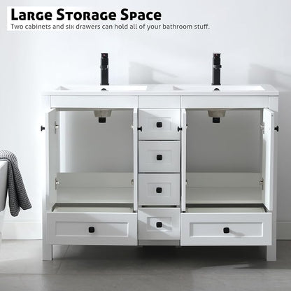 LUCKWIND 48" Bathroom Vanity and Sink Combos, Modern Bathroom Storage Painted Cabinet with Undercounter Resin Dual Sink Top, Matte Black Faucet and 6 Drawers, Mirror Not Included, White