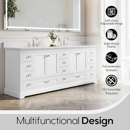 WELLFOR 84 Inch Bathroom Vanity with Double Sinks, Bathroom Freestanding Vanity W/4 Soft-Close Doors and 14 Drawers, Large Storage Space Vanity, Engineered Stone Countertop Vanities, White